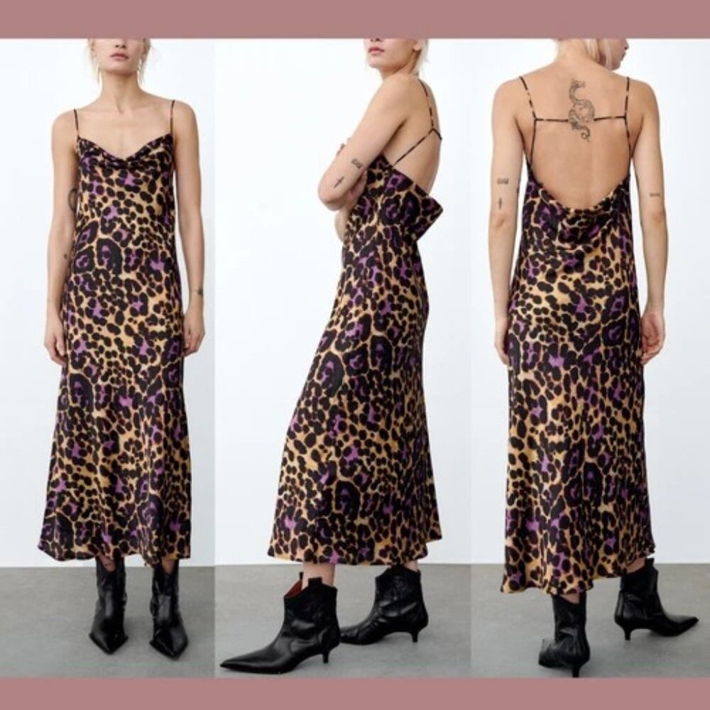 Zara leopard print slip dress satin effect size Small